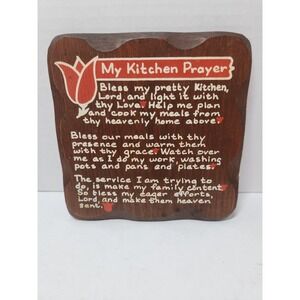 My Kitchen Prayer Square Wood Plaque Red‎ Flower Cooking Family 1950s Vintage